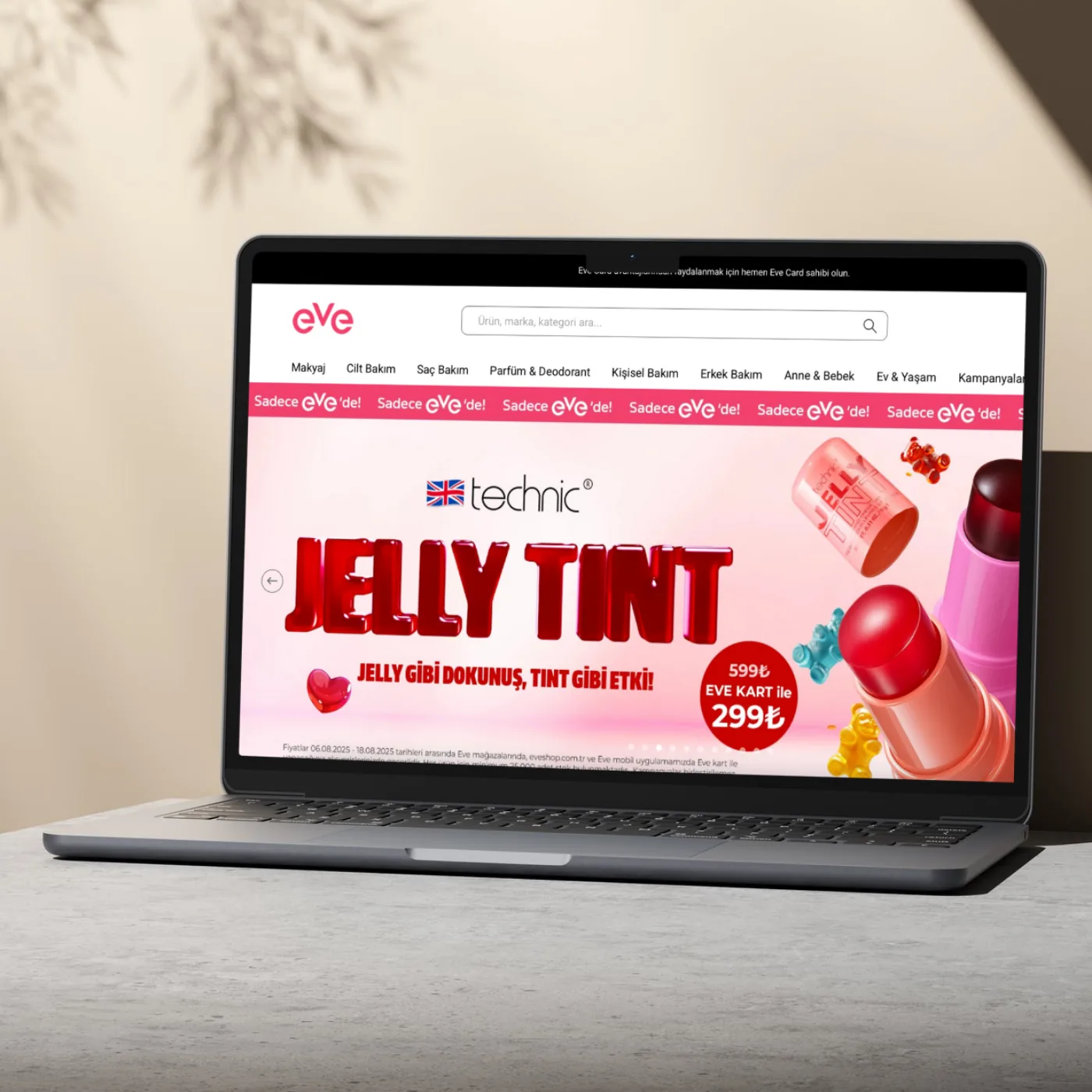 EVE Shop Shopify Hydrogen mağazasının dizüstü bilgisayarda görünen ana sayfası