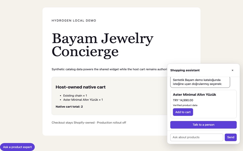 AI sales assistant interface running on a Shopify storefront